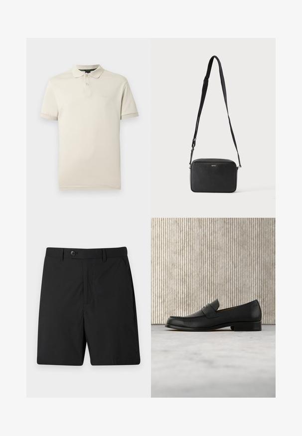 Polo beige confeccionado en algodón ligero, con cuello clásico, tapeta de tres botones y un sutil bordado del logo en el pecho.; Pantalones cortos negros de tejido ligero, con cierre de botón, dos bolsillos laterales y corte recto. Textura suave y diseño sencillo.; Zapato mocasín de cuero negro flotando sobre una alfombra beige con una mesa redonda marrón brillante al fondo.; Bolso bandolera rectangular negro con correa ajustable y logo BOSS en la parte delantera, sobre un fondo claro liso.