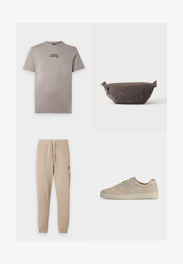 T-shirt en coton gris à manches courtes, avec "ARMANI EXCHANGE" brodé en noir sur le côté gauche près de la poitrine.; Pantalon de jogging beige en mélange de coton doux, doté d'une taille élastique avec cordons de serrage et de poches latérales. Petite étiquette logo sur la hanche.; Baskets basses beiges en daim avec fermeture lacée et semelle épaisse en caoutchouc, vues de profil sur fond blanc uni.; Sac banane en tissu marron foncé avec poche zippée en diagonale et petit logo blanc sur le devant, sur un fond clair uni.