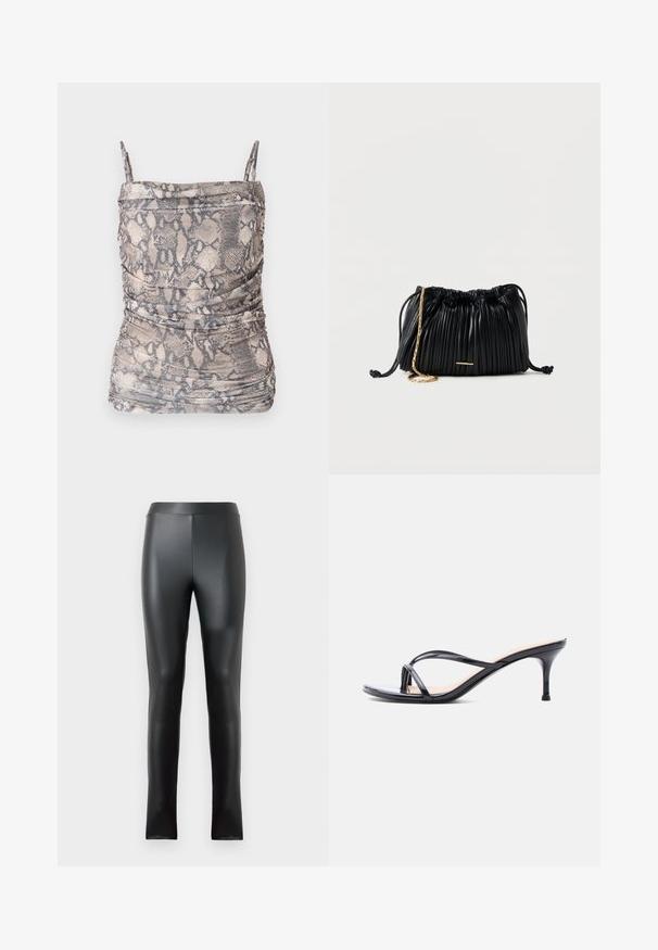 Haut à imprimé serpent brun et gris avec des fines bretelles, présentant des détails froncés et un tissu doux et texturé.; Leggings noirs en matériau lisse et brillant, dotés d'une taille haute et d'une coupe ajustée. Aucune couture ni embellissement visibles.; Sandale à talon en cuir verni noir avec fines lanières croisées et talon aiguille moyen et élancé sur fond blanc.; Sac à main en cuir noir plissé avec cordon de serrage, bandoulière chaîne dorée et petit accent horizontal doré sur le devant.