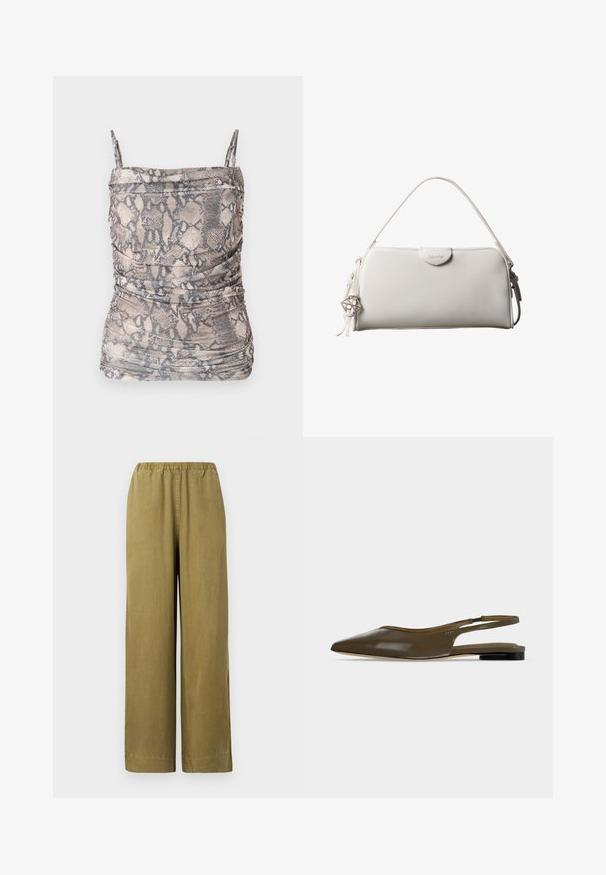 Top de estampado de serpiente en marrón y gris con tirantes finos, que presenta detalles con fruncidos y una tela suave y texturizada.; Pantalones de pierna ancha en caqui con cintura elástica, hechos de material de algodón suave. Presentan aberturas laterales y un corte recto, ofreciendo un ajuste relajado.; Zapato plano de tacón bajo y tira trasera en punta de color verde oliva con acabado liso y brillante.; Bolso rectangular blanco de Calvin Klein con un solo asa, diseño minimalista y borlas decorativas con un charm metálico geométrico en el lateral.