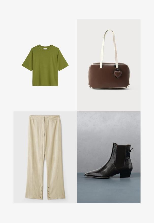 Camiseta verde oliva de manga corta con cuello redondo, ajuste relajado y diseño sencillo sobre fondo blanco.; Pantalones beige de pierna ancha hechos de tela texturizada, con una cintura lisa y detalles de botones en el dobladillo.; Botín de cuero negro brillante con patrón de cocodrilo flotando sobre azulejos cuadrados de madera con pequeñas piedras grises entre ellos al aire libre.; Bolso de mano marrón de cuero sintético con ribete blanco, forma rectangular, asas cortas y etiqueta decorativa en forma de corazón adjunta.