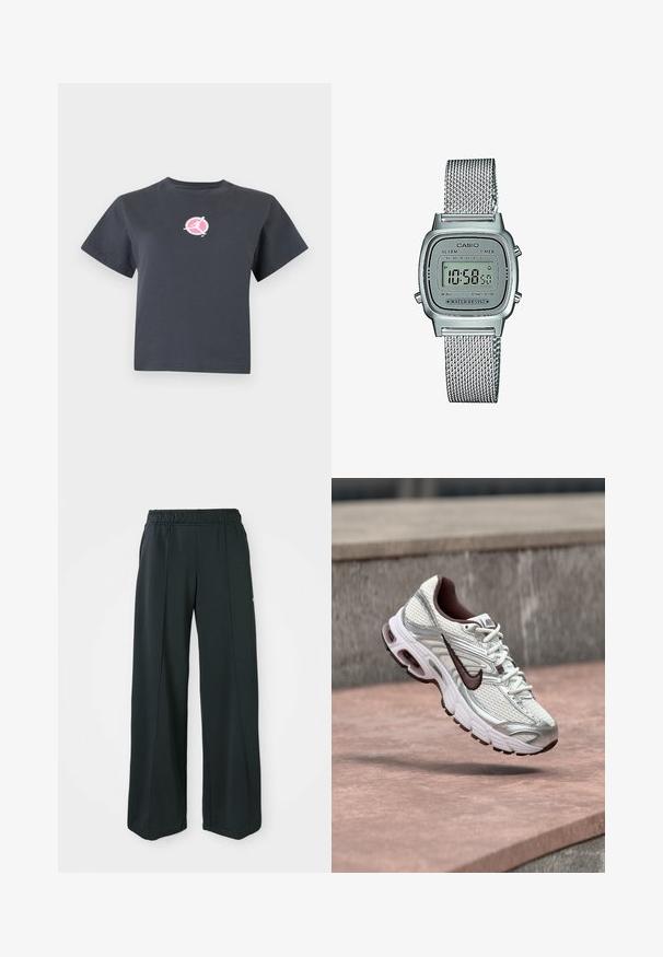 Mørkegrå kortærmet croppet t-shirt med en lille rund lyserød og hvid logo med en silhuet af en person i bevægelse på brystet.; Sorte, brede atletiske bukser med elastisk talje. Lavet af glat, strækbart stof, med diskrete frontsyninger og ingen lommer.; Hvid og sølv Nike løbesko med sort swoosh-logo ophængt over en betonoverflade udendørs.; Digital ur med en firkantet sølvkabinet, grå LCD-skærm, metal mesh rem, med knapper til alarm, timer og vandmodstand.