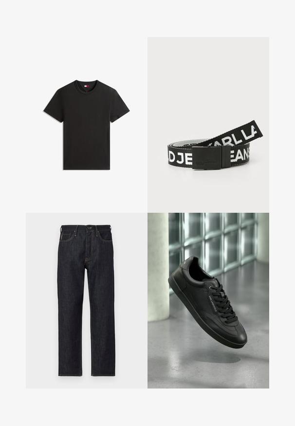 Camiseta negra de manga corta con cuello redondo y tejido texturizado, con una pequeña etiqueta con el logo de Tommy Jeans dentro del cuello.; Jeans de mezclilla azul oscuro con un diseño de pierna recta, costuras amarillas, cinco bolsillos y un cierre frontal de botón.; Zapatilla deportiva de cuero negro con acabado texturizado, cordones planos, puntera redondeada y suela de goma. Presenta un detalle de logo en el lateral.; Cinturón de nylon en blanco y negro con hebilla de metal negro embellecida. Presenta un patrón de texto en negrita "KARL LAGERFELD JEANS" a lo largo de la correa.