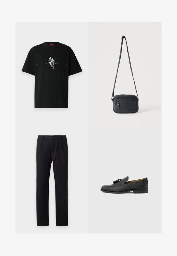 Zwart katoenen T-shirt met een afbeelding van twee figuren in beweging, met het woord "HUGO" in witte letters onder het ontwerp. Korte mouwen, ronde hals.; Zwarte broek van een katoenmix, met een klassiek recht model, knoopsluiting en zonder zichtbare patronen of versieringen.; Zwarte leren herenslof met kwastjes, ronde neus, lage hak en trekkoord aan de achterkant, zijaanzicht op lichtgrijze achtergrond.; Zwarte crossbodytas met een voorvak met rits, een gestructureerd oppervlak en een verstelbare band, hangend tegen een effen lichte achtergrond.