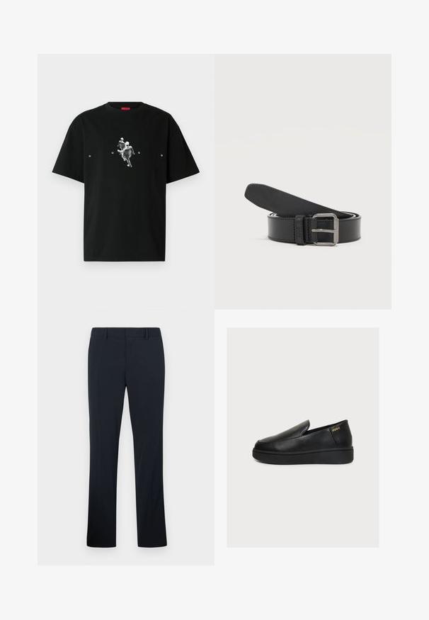 Μαύρο βαμβακερό t-shirt με γραφικό δύο μορφών σε κίνηση, με τη λέξη "HUGO" σε λευκό κείμενο κάτω από το σχέδιο. Κοντά μανίκια, στρογγυλή λαιμόκοψη.; Μαύρο ανδρικό παντελόνι ευθύγραμμο με θηλιές ζώνης και εμπρόσθιο φερμουάρ, εμφανίζεται σε ανοιχτόχρωμο φόντο.; Μαύρο δερμάτινο slip-on παπούτσι πλατφόρμα με χοντρή σόλα και μικρό χρυσό λογότυπο "HUGO" κοντά στη φτέρνα σε απλό φωτεινό φόντο.; Μαύρη δερμάτινη ζώνη, τυλιγμένη με ασημένια μεταλλική ορθογώνια αγκράφα σε απλό φωτεινό φόντο.