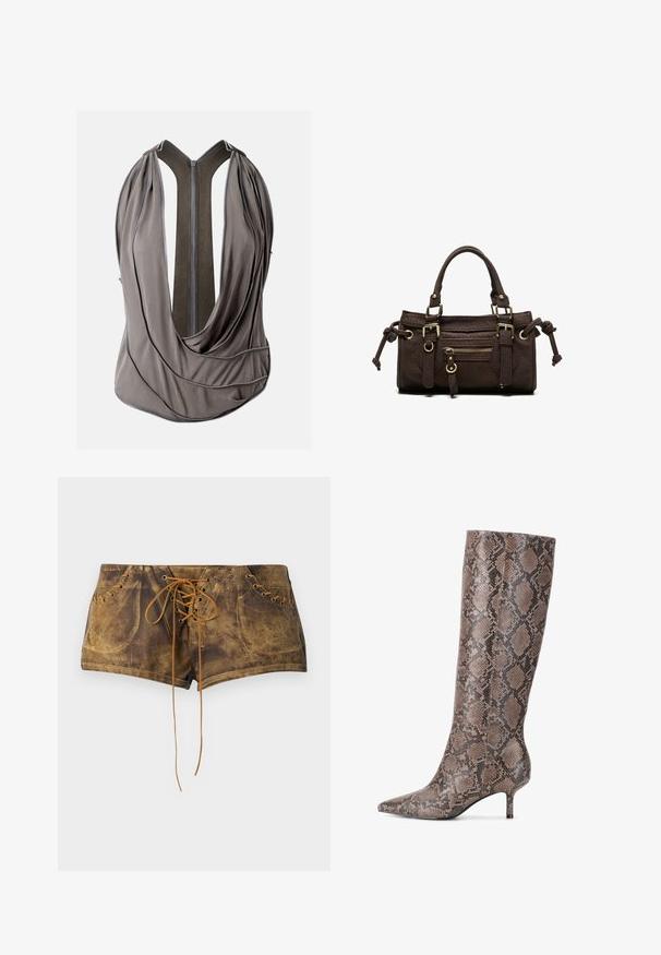 Grijs mouwloos kledingstuk met meerdere ritsen die de gedrapeerde stof omlijnen en een centrale rits aan de achterkant.; Bruine vetershorts met een gestructureerd oppervlak en contrasterende tan veters. Voorzien van oogjes en een aansluitend ontwerp voor een snug uiterlijk.; Kniehoge laarzen met spitse neuzen in een slangenhuidpatroon, met een gestructureerde bruin-grijze afwerking, een decoratieve naad en een slanke hak.; Donkerbruine leren handtas met dubbele handvatten, voorvak met ritssluiting, decoratieve gespen en zijknopen op een witte achtergrond.