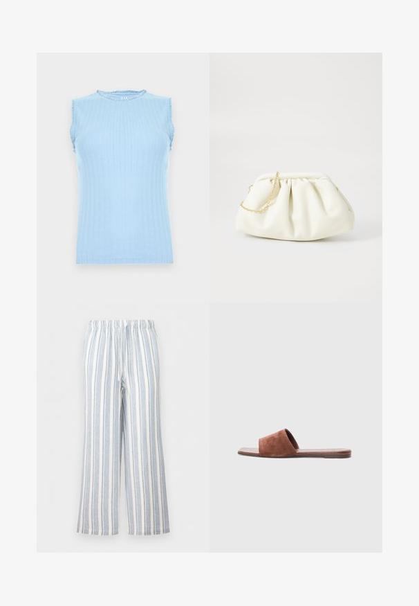 Haut tricoté sans manches bleu clair avec un motif vertical subtil et un petit volant sur l'encolure et les emmanchures.; Pantalon ample à rayures verticales bleues et blanches, taille élastique et cordon de serrage.; Sandale à enfiler en daim marron avec une large sangle, semelle plate et design minimaliste. Texture lisse avec une finition mate.; Sac à main en cuir blanc avec un design plissé, doté d'une bandoulière en chaîne dorée et d'une forme arrondie. Texture lisse avec des plis doux et sans motifs.