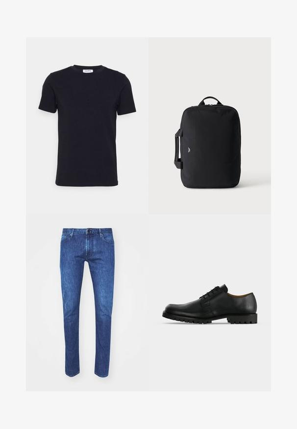 Musthave pehmeavillane must t-särk lühikeste varrukatega ja ümar kaelus, millel on väike valge silt kaela sees.; Sinine denim materjalist sirgete lõigetega teksapüksid, nööbiga kinnitamine, viis taskut ja kontrastne tikand. Kanga toon on keskmine pesu, kus on kerge pleekimine.; Must nahast paeltega ametlik king, millel on paks sooneline tald ja madal konts, esitatud valgel taustal.; Must ristkülikukujuline reisikott ülemiste ja külgmiste sangadega, minimalistliku disainiga ning väike logo ees, ühevärvilise heleda tausta ees.
