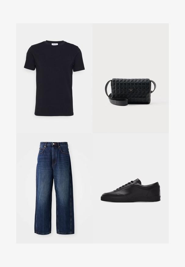 Schwarzes T-Shirt mit kurzen Ärmeln und Rundhalsausschnitt, mit einem kleinen weißen Etikett auf der Innenseite des Kragens.; Dunkelblaue Weite-Leg-Jeans aus Denim. Verfügt über einen klassischen Bund mit Gürtelschlaufen, frontale Taschen und eine gerade Passform.; Schwarzer flacher Leder-Sneaker mit Schnürung vorne und flacher Gummisohle, seitlich auf einem schlichten weißen Hintergrund gezeigt.; Schwarze, strukturierte Umhängetasche mit Klappverschluss und kleinem Metalllogo auf der Vorderseite, vor einem schlichten Hintergrund präsentiert.