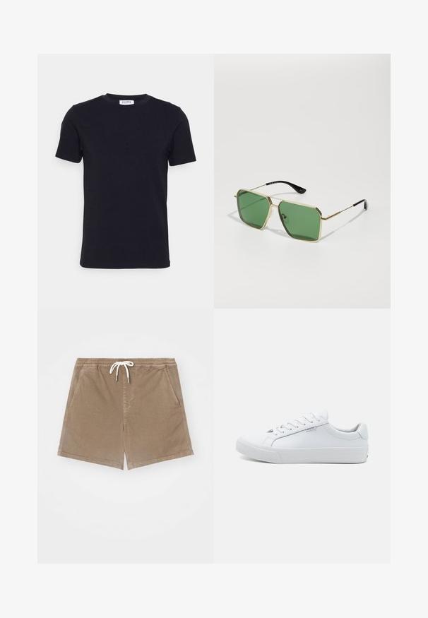 T-shirt noir à manches courtes avec un col ras-du-cou, muni d'une petite étiquette blanche à l'intérieur du col.; Shorts en coton marron avec une taille élastique et un cordon de serrage blanc, dotés de deux poches latérales et d'une coupe droite.; Baskets blanches en cuir avec une finition lisse, design bas, bout rond et semelle plate en caoutchouc. Dotées de lacets plats et d'une signalétique minimale.; Lunettes de soleil en métal doré avec des verres verts, de forme géométrique, et des embouts de branches en plastique noir. Construction légère avec des accents subtils.