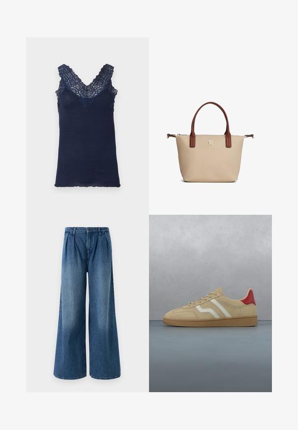 Marineblauwe geribde tanktop met een diepe V-halslijn, gekenmerkt door delicate kantafwerking, een zachte textuur en een subtiele gebogen zoom aan de onderkant.; Brede jeans van medium blauw denim, met plooien bij de tailleband en een vlakke voorkant. Eenvoudige zoom zonder zichtbare versieringen.; Beige suède sneaker met een rood accent op de hiel, witte strepen en een getextureerde, lichtbruine rubberen zool. Heeft veters en een glad interieur.; Beige draagtas met bruine handvatten, klein goudkleurig logo gecentreerd onder de handvatten en ritssluiting aan de bovenkant.