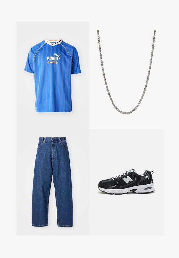 Blå kortærmet fodboldtrøje med lodrette striber, hvide og gule accenter samt et logo med en pumafigur. Letvægts, åndbart stof.; Denimwide-leg jeans i mørkeblå. Har høj talje, bæltestropper og klassisk fem-lommers design. Syet kant med en ren finish.; Sorte og grå sportssko med mesh og ruskind på overdelen, der har en hvid mellemsål, snørebånd og et iøjnefaldende "N" logo på siden.; Metalkæde halskæde med fletdesign, sølvfarvet, glat tekstur og jævne led, velegnet til forskellige stilarter og anledninger.