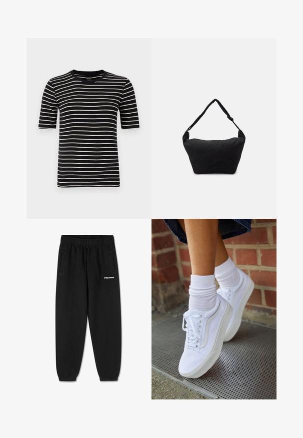 Zwart-wit gestreept t-shirt, korte mouwen, ronde hals, gemaakt van zachte katoenbrei, met gelijkmatige strepen en een standaard pasvorm.; Zwarte sweatpants van zacht materiaal, met een verstelbare tailleband, taps toelopende benen en zijzakken. "PEGADOR" logo in het wit op de voorkant.; Witte canvas sneakers met rubberen zolen, voorzien van zes vetertjes, een ronde neus en lichte stikdetails, gecombineerd met witte enkelsokken.; Zwarte stoffen schoudertas met een zachte, gestructureerde oppervlakte, ronde vorm en een enkele strap. Minimalistisch ontwerp zonder zichtbare hardware of accenten.