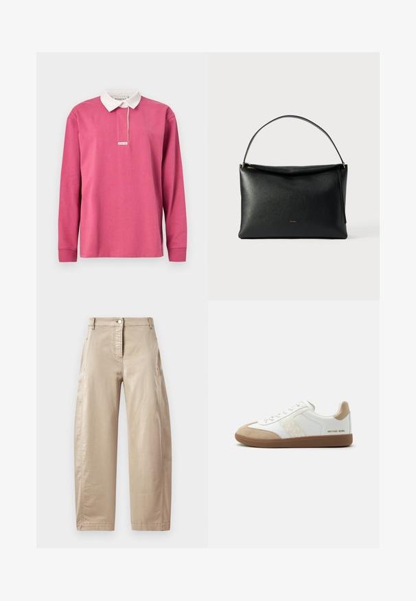 Langærmet polo i pink bomuld med hvid krave, med forstykke og lille label på brystet.; Beige vidde ben bukser i en glat bomuldsblanding, med en frontknaplukning, sidelommer og synlige syninger.; Hvid og beige lavtop sneaker med brun sål og snørelukning foran, med tekstureret sidepanel og "Michael Kors"-logo på hælen.; Sort læderhåndtaske med en glat tekstur, et buet håndtag og en lynlåsdetaile i guldton. Minimalistisk design med et diskret logo.
