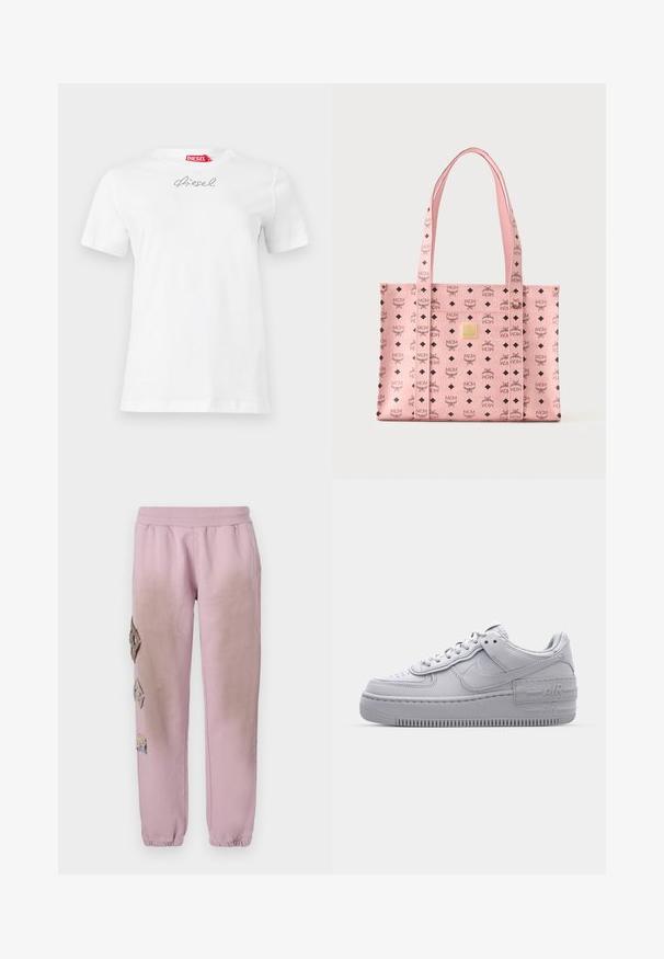 Wit Diesel T-shirt met korte mouwen, voorzien van een klein rhinestone Diesel-logo centraal vlakbij de halslijn en een rood label aan de binnenkant van de kraag.; Roze sweatpants met een elastische tailleband, voorzien van decoratieve patches in ruitvorm aan de linkerkant en elastische boorden bij de enkel.; Grijze Nike Air Force 1 sneaker met geperforeerde neus, glad leren bovenwerk, dikke zool en verhoogde 'AIR' details op de hiel.; Roze MCM tote bag met zwart logopatroon, gouden logoplaatje en twee lange hengsels, getoond tegen een effen lichte achtergrond.