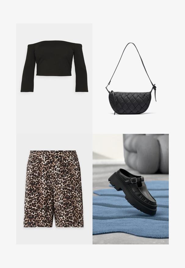 Even&Odd Curvy T-shirt à manches longues - black; Shorts longueur genou à imprimé léopard avec une ceinture élastique dans des tons de marron, noir et beige sur fond blanc.; Mocassin en cuir noir avec semelle crantée épaisse et boucle argentée, positionné en angle sur un tapis bleu texturé.; Sac à main noir matelassé avec une forme courbée, doté d'une fine bandoulière et d'une fermeture éclair. Fabriqué en matériau doux et texturé.