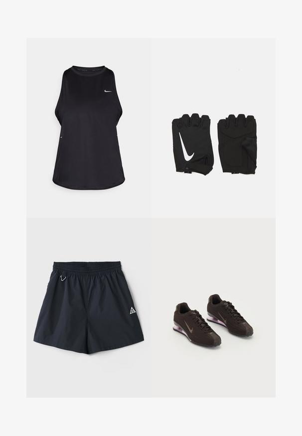Débardeur de course sans manches noir, fabriqué dans un matériau léger, avec un col rond ; présente un logo discret et des fentes sur les côtés pour une meilleure respirabilité.; Shorts légers bleu marine avec une taille élastique, des poches latérales et un petit logo triangulaire ; texture lisse, design minimaliste.; Baskets de sport noires avec une tige texturée, des accents marron et une semelle à coussin d'air violette. Design à lacets avec une marque bien visible.; Gants de gym sans doigts noirs en tissu respirant, avec un logo blanc Nike, des paumes rembourrées et un design ouvert au niveau du poignet pour plus de flexibilité.