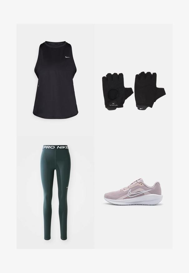 Débardeur de course sans manches noir, fabriqué dans un matériau léger, avec un col rond ; présente un logo discret et des fentes sur les côtés pour une meilleure respirabilité.; Leggings vert foncé en tissu extensible, dotés d'une large ceinture avec le logo "PRO NIKE" et d'un petit swoosh blanc de Nike sur le côté.; Baskets de sport rose clair avec une tige en mesh respirante, des accents blancs, un col rembourré et une semelle en caoutchouc texturé pour une meilleure adhérence.; Gants sans doigts noirs avec un design texturé. Fabriqués en matériau respirant, dotés d'un trou pour le pouce et d'une paume renforcée pour une meilleure prise.