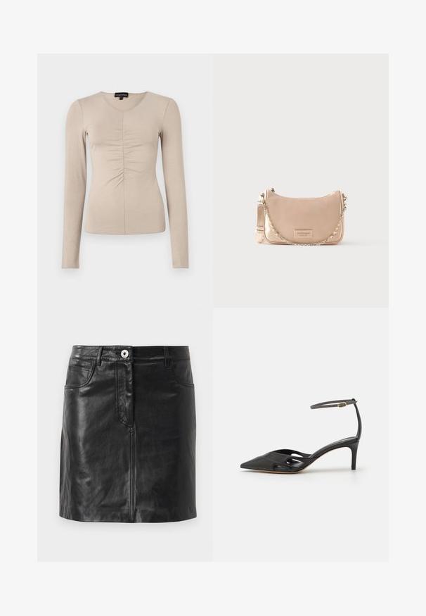 Langærmet bluse med V-hals i let beige stof. Har rynkedetaljer i midten foran. Blød, glat tekstur.; Weekend Max Mara HULL - Pencil skirt - nero; Sort læder højhælet sko med spids tå, åbne sider og en tynd ankelrem med en lille guld detalje.; Bleg lyserød håndtaske med en buet silhuet, glat lædermateriale og en kæderem. Har en logo-patch på fronten.