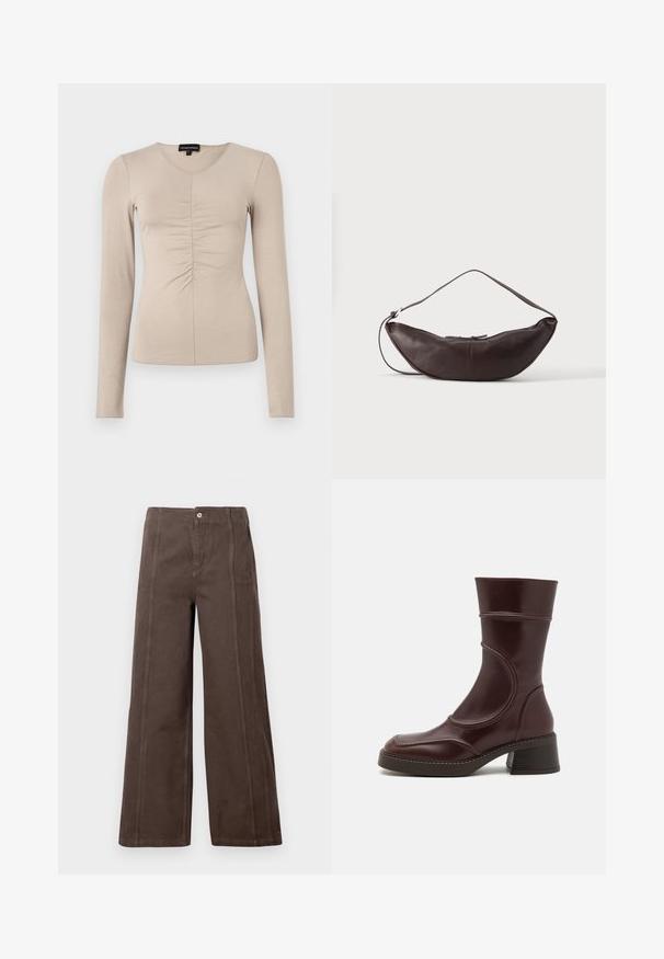 Long-sleeved, v-neck top in a light beige fabric. Features gathered detailing at the center front. Soft, smooth texture.; Brown wide-leg trousers made of smooth fabric, featuring front panel seams and a single metal button closure at the waistband.; MIISTA MALENE - Classic ankle boots - brown; Dark brown leather crescent-shaped shoulder bag with a curved strap and visible stitching on plain background.