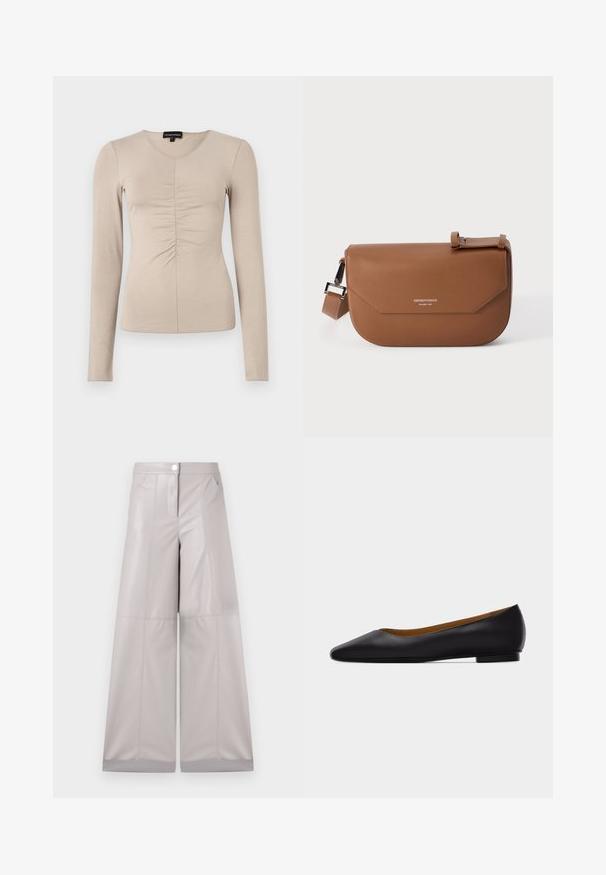 Haut à manches longues et col en V en tissu beige clair. Détails froncés au centre avant. Texture douce et lisse.; Pantalons large en simili cuir gris clair, avec une fermeture à bouton sur le devant, deux poches latérales et des coutures pour plus de texture.; Chaussure plate en cuir noir à bout pointu avec talon bas et finition lisse, vue de côté sur un fond gris clair.; Sac à bandoulière en cuir marron avec fermeture à rabat et boucle argentée, avec logo "Emporio Armani Milano 1981" embossé à l'avant.