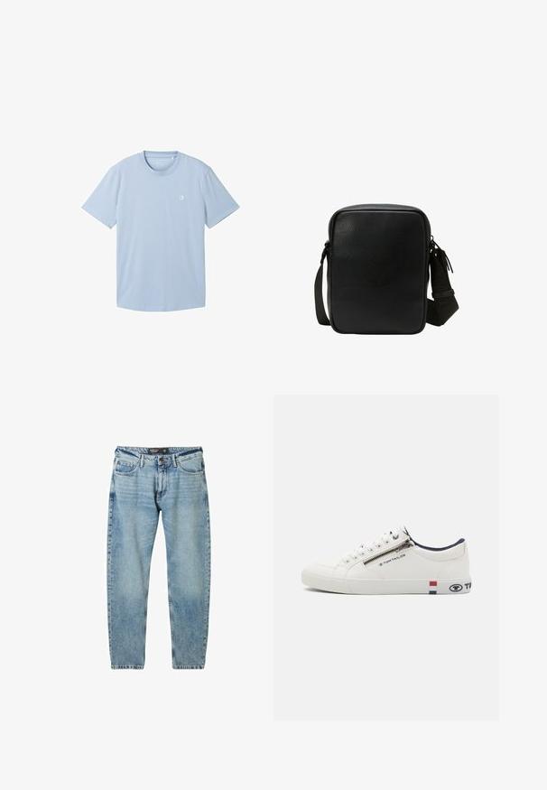 Lichtblauw T-shirt met korte mouwen gemaakt van zachte stof, met een ronde hals en een klein logo op de linkerborst. Effen structuur.; Lichtblauwe denim jeans met een losse pasvorm, vijfzakkenontwerp en contrasterende stiksels. Bevat een knoopsluiting en een rechte pijp.; Witte sneaker met een leren bovenwerk, ronde neus en contrasterende marineblauwe details op de kraag. Beschikt over een ritsluiting en logo-accenten aan de zijkanten.; Zwarte leren schoudertas met een gestructureerd oppervlak, rechthoekige vorm, verstelbare schouderband en ritssluiting. Compact ontwerp voor eenvoudig dragen.
