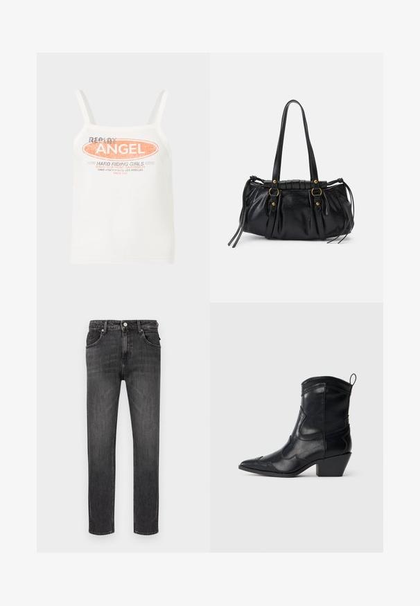 Débardeur blanc à fines bretelles avec les inscriptions "Replay Angel" et "Hard Riding Girls" en orange et noir sur le devant.; Jean en denim noir à coupe droite, cinq poches et fermeture à boutons sur le devant. Texture douce avec un léger effet délavé et des coutures contrastées.; Botte western en cuir noir mi-mollet avec bout pointu, couture décorative, tirette et talon bloc empilé sur fond neutre.; Sac à main en cuir noir avec une forme arrondie, deux poignées, des accents en matériel décoratif et des détails de liens sur les côtés. Texture lisse et brillante.