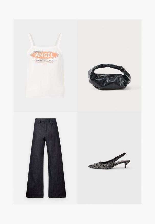 Hvid tanktop med spaghettistropper med teksten "Replay Angel" og "Hard Riding Girls" i orange og sort på forsiden.; Bredde ben mørke denim jeans med en glat tekstur, traditionelt fem-lomme design og en subtil glans med en knaplukning.; Sort slingback kittenhæl med spids tå, tekstureret mønster og sølvspænde på hvid baggrund.; Sort taske lavet af blankt, tekstureret materiale med et cirkulært, snoet håndtag og lynlås. Har et blødt, rynket design.