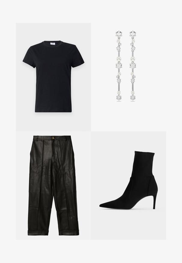 Schwarzes T-Shirt mit kurzen Ärmeln aus Baumwolle, mit Rundhalsausschnitt und einer einfachen, glatten Textur ohne bedrucktes Design oder Akzente.; AERON ZIMA PANTS - Lederhose - black; Schwarzer Ankle-Boot mit spitzer Kappe und schlankem, hohem Absatz, im Profil auf hellem Hintergrund gezeigt. Schlankes, minimalistisches Design.; Lange silberne Ohrringe, die abwechselnd klare Kristalle und weiße Perlenbeads zeigen, mit symmetrischem Design und filigranen Details.