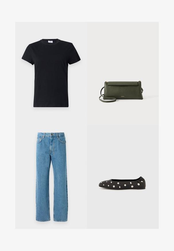 Sort kortærmet t-shirt lavet af bomuld, med rund halsudskæring og en simpel, glat tekstur uden trykte mønstre eller accenter.; Lyseblå denimjeans med løs pasform, høj talje, fire lommer og lynlås. Klassisk fem-lomme design.; Sort ballerinasko med elastisk bag på skaftet og spredte store sølvfarvede runde nitter på overdelen, vist i profil mod en hvid baggrund.; Mørkegrøn struktureret læder crossbody taske med klaplukning og tynd justerbar rem, præget med lille guld "Bee Projects" logo.