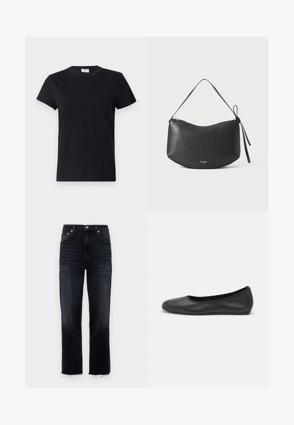 Schwarzes T-Shirt mit kurzen Ärmeln aus Baumwolle, mit Rundhalsausschnitt und einer einfachen, glatten Textur ohne bedrucktes Design oder Akzente.; Hochgeschnittene, gerade Jeans aus dunkel gewaschenem Denim mit fransigem Saum und klassischem Fünf-Taschen-Design mit silbernen Hardware-Elementen.; Schwarze Leder-Ballettschuhe mit abgerundeter Spitze, glatter Textur, minimalen Nähdetails und einem flexiblen Sohlen-Design.; Schwarze Leder-Umhängetasche mit geschwungener Form, mit Reißverschluss und einem geknoteten Trageriemen. Auf der Vorderseite befindet sich ein dezentes Logo. Glatte Textur.