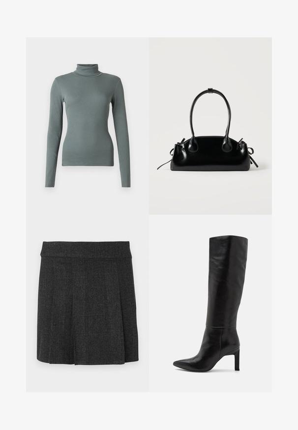 Dlhý rukáv, turtleneck top vyrobený z mäkkej, textúrovanej zelenej rebrovanej látky. Priliehavý dizajn s vysokým golierom a bezšvovou konštrukciou po celom obvode.; Čierna, skladaná sukňa vyrobená z textúrovaného materiálu. Stredne vysoký pás s čistými líniami. Klasický strih vhodný na rôzne príležitosti.; Čierne kožené čižmy na vysokom opätku s dĺžkou po kolená, špicatou špičkou a hladkým povrchom. Opätok má blokový tvar, čo pridáva stabilitu k dizajnu.; Malá čierna lesklá kabelka s dvoma dlhými rúčkami a bočnými šnúrkovými detailmi na jednoduchom svetlom pozadí.