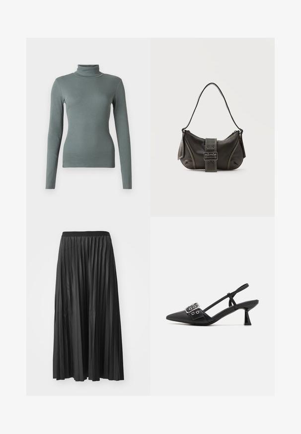 Langarm turtleneck top van zacht, gestructureerd groen ribgebreid stof. Strak ontwerp met een hoge kraag en naadloze constructie.; Zwarte geplisseerde maxi rok met een gladde textuur en een elastische tailleband, met verticale plooien die volume en beweging creëren.; Simmi London DALA - Klassieke pumps - black; Zwarte leren schoudertas met gespsluiting aan de riem, afgeronde hoeken en contrasterende witte stiksels op een effen achtergrond.