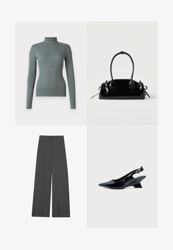 Haut à manches longues en tissu côtelé vert doux et texturé. Conception ajustée avec un col haut et une construction sans coutures.; Pantalons évasés en tissu côtelé gris anthracite, avec une taille haute et des rayures verticales pour de la texture et du détail.; Chaussure slingback en cuir verni noir avec bout pointu et petit talon bloc incliné sur fond clair uni.; Petit sac à main noir brillant avec deux longues anses et des détails à cordon sur les côtés sur un fond clair uni.