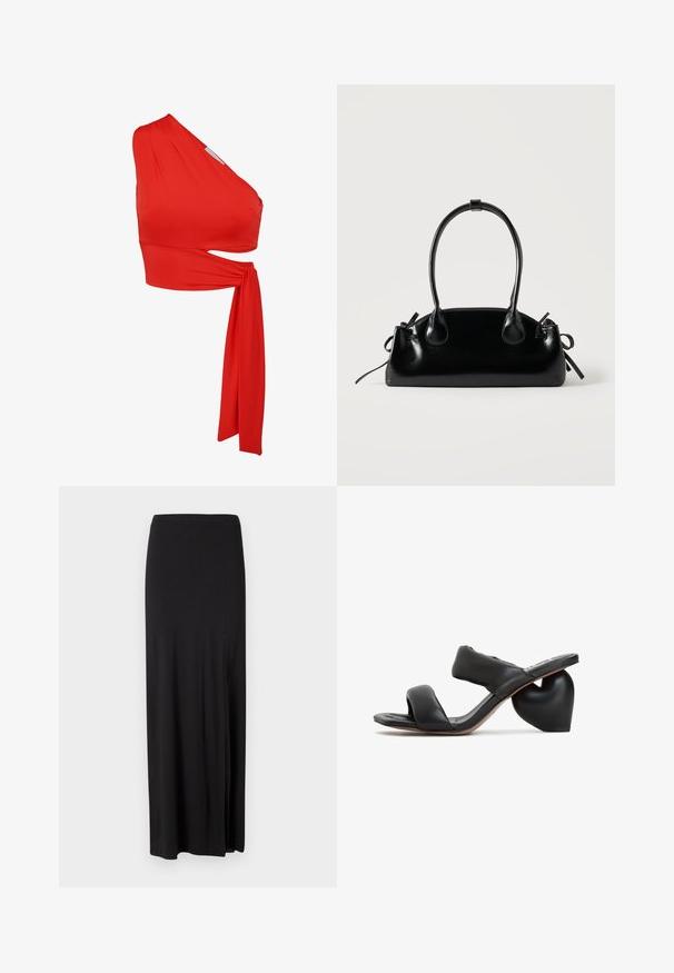 Top corto rojo asimétrico hecho de tela suave; presenta una manga y un detalle lateral retorcido con una tira más larga que fluye.; falda maxi negra hecha de un material suave y elástico. Cuenta con una abertura lateral y un diseño simple y estilizado sin adornos.; Sandalias deslizantes de cuero negro con un tacón en forma de corazón. Presenta dos tiras anchas y una superficie suave y texturizada. Suela de goma duradera.; Pequeño bolso negro brillante con dos asas largas y detalles de cordón lateral sobre un fondo claro liso.