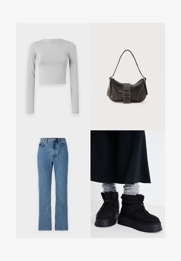 Hellgraues, kurz geschnittenes Langarmoberteil aus einem dehnbaren Stoff, mit einem einfachen runden Halsausschnitt und einer glatten Textur.; Hellblaue Denimjeans mit hoher Taille, geraden Beinen und klassischem Fünf-Taschen-Design. Mit Metallknopf und Nieten.; Schwarze, gepolsterte Knöchelstiefel mit flachen Sohlen, Schnürsenkeln und auffälligen Nähten. Kombiniert mit grauen, gerippten Socken, die hervorlugen, und getragen zu einem dunklen Rock.; Schwarze Leder-Schultertasche mit Schnallengurt-Detail, abgerundeten Kanten und kontrastierenden weißen Nähten auf schlichtem Hintergrund.