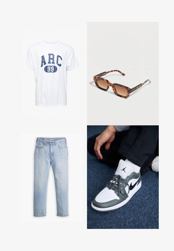 Hvid bomulds t-shirt med blå blokbogstaver "ARC" og nummeret "99" i et afrundet design. Korte ærmer, standard pasform.; Lysblå denimjeans med lige bendesign, fem lomme stil og kontrastsyet. Knap- og lynlåslukning i taljen.; Nike Air Jordan 1 sneakers i hvidt og grå læder, med et sort logo, perforeret tå og flade grå snørebånd.; Rektangulære solbriller med skildpadde-mønster og gradientbrune linser, hvilende på en lys overflade.