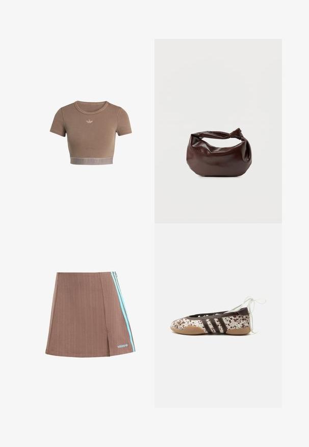 Bruin geribd crop top met korte mouwen, ronde halslijn en een textuurrand aan de onderkant met een subtiel logopatroon.; Bruine geplooide skort met blauwe zijstrepen en logo. Kenmerkt zich door een strakke uitstraling, subtiele textuur en een rechte zoom.; Platte balletschoen met bruin-wit gespikkeld patroon, drie donkere strepen aan de zijkant, lichtbruine zool en witte veter voor om de enkel.; Donkerbruine leren schoudertas met een zachte, slungelige vorm en een gedraaide knoopvormige handgreep op een effen witte achtergrond.