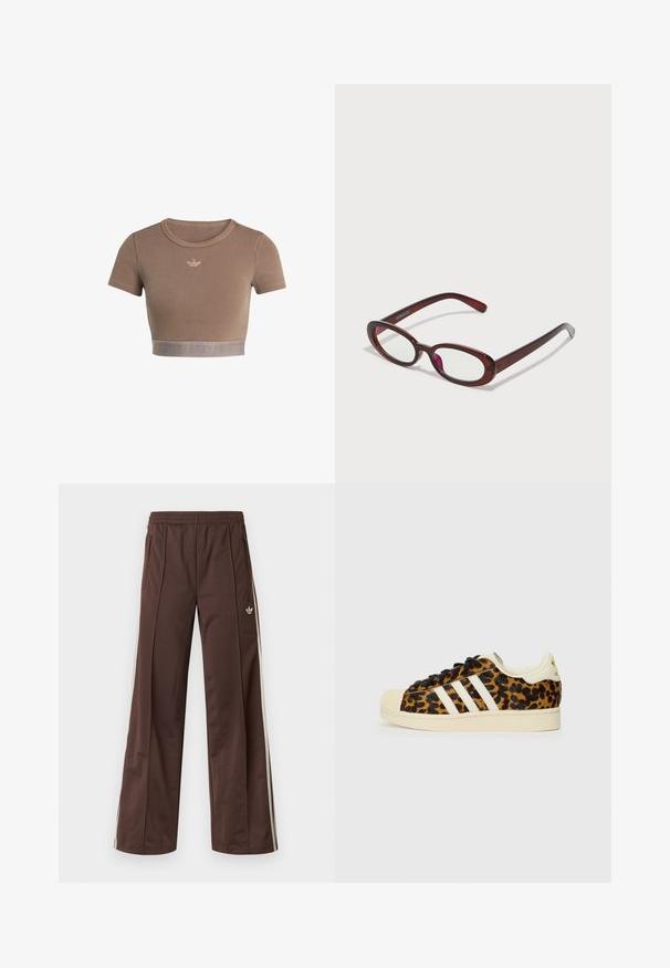 Brun ribstrikket cropped top med korte ærmer, rund halsudskæring og en tekstureret kant forneden med et diskret logo-mønster.; Brune atletiske bukser med vidde ben, hvide striber på siden, elastisk linning og to sidelommer. Har et lille logo på benet.; Sneakers med leopardmønster, sorte snørebånd, hvidt design med tre striber, cremefarvet gummitå og sål samt tekstureret overmateriale.; Ovale røde solbriller med klare linser og slanke brune stel. Designet har subtile kurver og minimalt hardware.