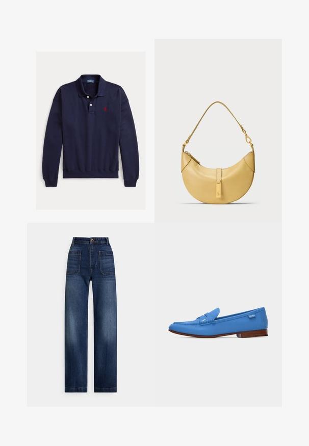 Mørkeblå polo med lange ærmer, to hvide knapper og rødt broderet logo på venstre bryst på hvid baggrund.; Højtaljede, mørkeblå denimjeans med lige ben, forlommer, bæltestropper og knaplukning.; Blå læder slip-on loafer med brun sål, lille Polo-logo tag på siden og syningsdetaljer på overdelen.; Gul læderhåndtaske med en buet form, skulderrem og en lille metaldetalje. Glat tekstur og minimalistisk design.