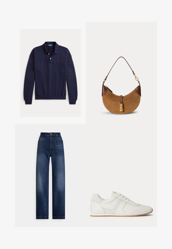 Marineblaues Langarm-Poloshirt mit zwei weißen Knöpfen und rotem, gesticktem Logo auf der linken Brust auf weißem Hintergrund.; Hoch sitzende, dunkelblaue Jeans mit geradem Bein, vorderen aufgesetzten Taschen, Gürtelschlaufen und Knopfverschluss.; Weißer Sneaker mit niedrigem Schaft, Schnürung vorne, Velours- und Lederpaneelen sowie einer hellbraunen Gummisohle auf weißem Hintergrund.; Braune Wildleder-Halbmonden-Handtasche mit dunkelbraunen Lederakzenten, goldfarbenen Beschlägen und kurzem Schulterriemen.