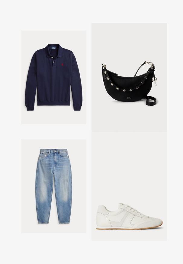 Polo bleu marine à manches longues avec deux boutons blancs et logo rouge brodé sur la poitrine gauche sur fond blanc.; Jean denim bleu clair taille haute avec légère décoloration et usure près des poches avant, style cinq poches et jambes fuselées.; Baskets basses blanches avec laçage à l'avant, panneaux en daim et cuir, et une semelle en caoutchouc marron clair sur fond blanc.; Sac à main en cuir noir avec un design incurvé, des accents argentés sur la bandoulière et une fermeture éclair pour un rangement sécurisé.