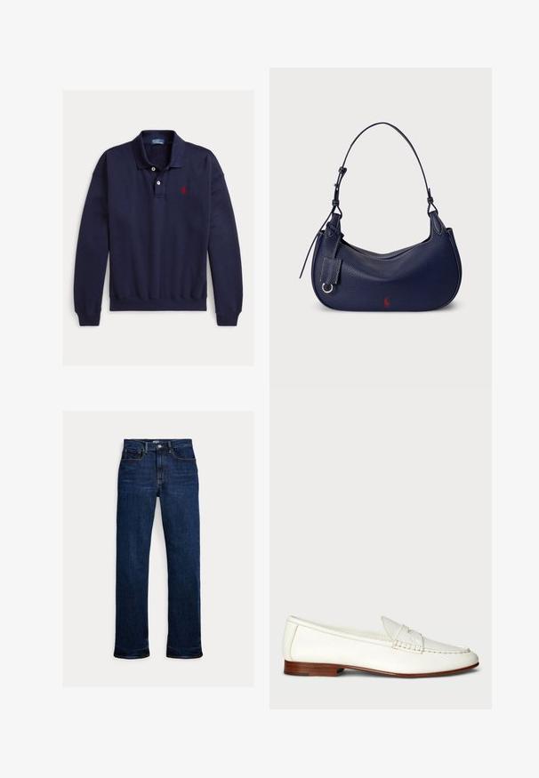 Mørkeblå polo med lange ærmer, to hvide knapper og rødt broderet logo på venstre bryst på hvid baggrund.; Mørkeblå straight-leg jeans med frontknap og lynlås, fem-lomme design og synlige syninger.; Hvide læder loafers med en struktureret overflade, rund tå og vævet detalje. Lavt træhæl og minimalistisk design.; Marineblå læderhobo-taske med en buet form, tekstureret finish, justerbar skulderrem og en lille rød logodetalje på den ene side.