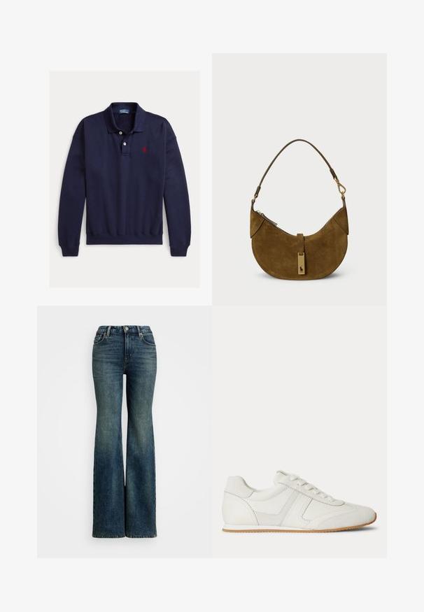 Polo bleu marine à manches longues avec deux boutons blancs et logo rouge brodé sur la poitrine gauche sur fond blanc.; Jean en denim bleu évasé avec taille haute, comportant cinq poches et des accents de couture. Le tissu a une texture décolorée classique.; Baskets basses blanches avec laçage à l'avant, panneaux en daim et cuir, et une semelle en caoutchouc marron clair sur fond blanc.; Sac à main en daim marron avec une forme courbée, quincaillerie dorée et fermeture éclair. Il dispose d'une courte sangle d'épaule ajustable.