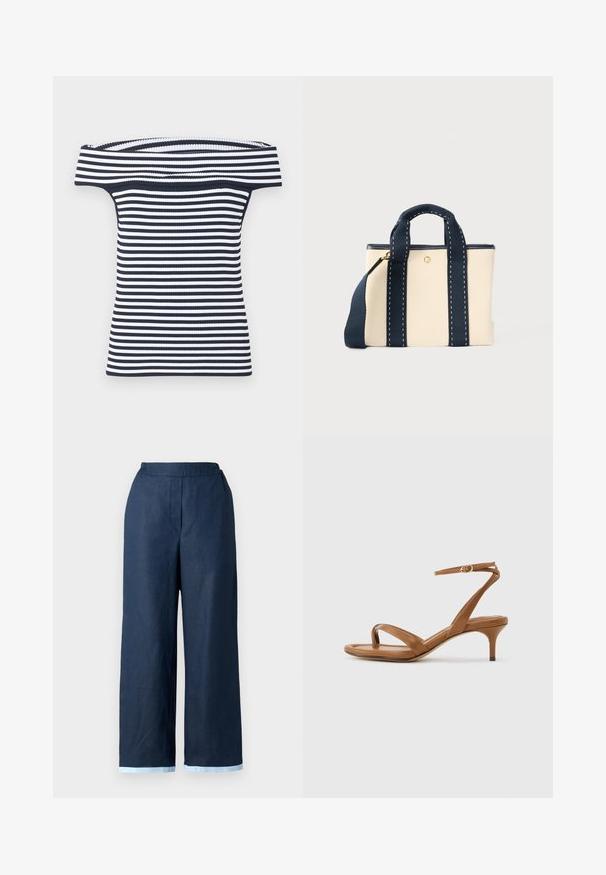 Schulterfreies, geripptes Oberteil mit marineblauen und weißen horizontalen Streifen, figurbetonter Silhouette und weitem, umgeschlagenem Ausschnitt.; Navyweite Hosen aus Leinen mit elastischem Bund und kontrastierendem hellblauem Saum. Glatte Textur.; Braune Leder-Riemchensandale mit niedrigem Kitten-Heel und einem Knöchelriemen mit kleiner Schnalle, seitlich auf neutralem Hintergrund dargestellt.; Kleine beige Tragetasche mit dunkelblauen Griffen und Riemen, goldfarbenem Reißverschluss und dekorativen Nähten.