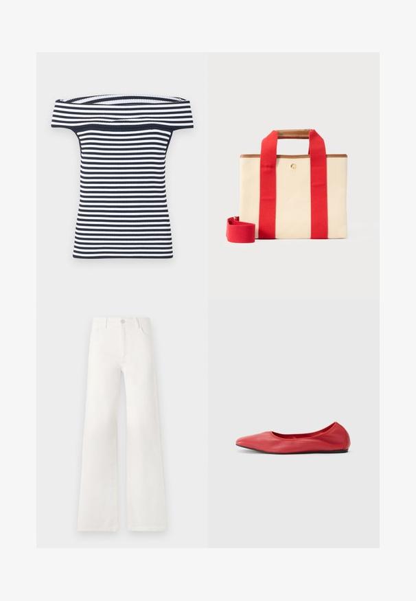Schulterfreies, geripptes Oberteil mit marineblauen und weißen horizontalen Streifen, figurbetonter Silhouette und weitem, umgeschlagenem Ausschnitt.; Weiße, hoch taillierte, weite Jeans aus Denim. Verfügt über einen Knopfverschluss, zwei Fronttaschen und Seitennähte mit Stickdetails.; Filippa K REY FLATS - Klassischer Ballerina - bright red; Beige rechteckige Leinwand-Shopper-Tasche mit breiten roten Trägern, braunen Lederrändern und einem abnehmbaren roten Schultergurt vor hellem Hintergrund.