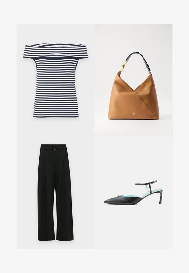 Schulterfreies, geripptes Oberteil mit marineblauen und weißen horizontalen Streifen, figurbetonter Silhouette und weitem, umgeschlagenem Ausschnitt.; Schwarze weite Hosen aus einem glatten Stoff, mit einem Gürtel mit einer silbernen Schnalle, Falten an der Vorderseite und einem geraden Saum.; Schwarzer spitzer Absatzschuh mit Knöchelriemen, goldener Schnalle und hellblauem Innenfutter, seitlich auf weißem Hintergrund dargestellt.; Lancel LARGE PAGODE HOBO - Shopping Bag - camel/black