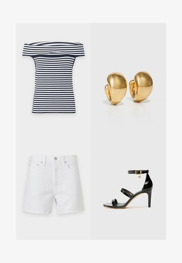 Haut à épaules dénudées en tissu côtelé avec rayures horizontales bleu marine et blanches, silhouette ajustée et large encolure repliée.; Short en denim blanc avec poches à l’avant, passants pour ceinture et fermeture par bouton métallique, présenté sur un fond uni.; Sandale en cuir verni noir avec trois brides, boucle de cheville et talon aiguille de 10 cm. Présente un détail en métal doré et un charm logo.; Boucles d'oreilles dorées avec un design lisse et arrondi, et une finition polie. Présente un style à clip pour un port facile.