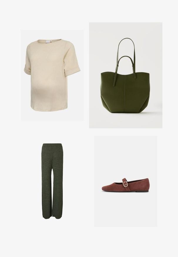 Beige kortærmet bluse med tekstur, rund halsudskæring og manchetærmer vist på hvid baggrund.; Grønne ribstrikkede bukser med et vidde ben-design, der har vertikal tekstur og en behagelig elastisk talje.; Brun ruskind Mary Jane-flad sko med en guldspænde og sort sål på hvid baggrund.; Olivengrøn mulepose med to lange hanke, struktureret krop, rene linjer og glat tekstur på en ensfarvet lys baggrund.