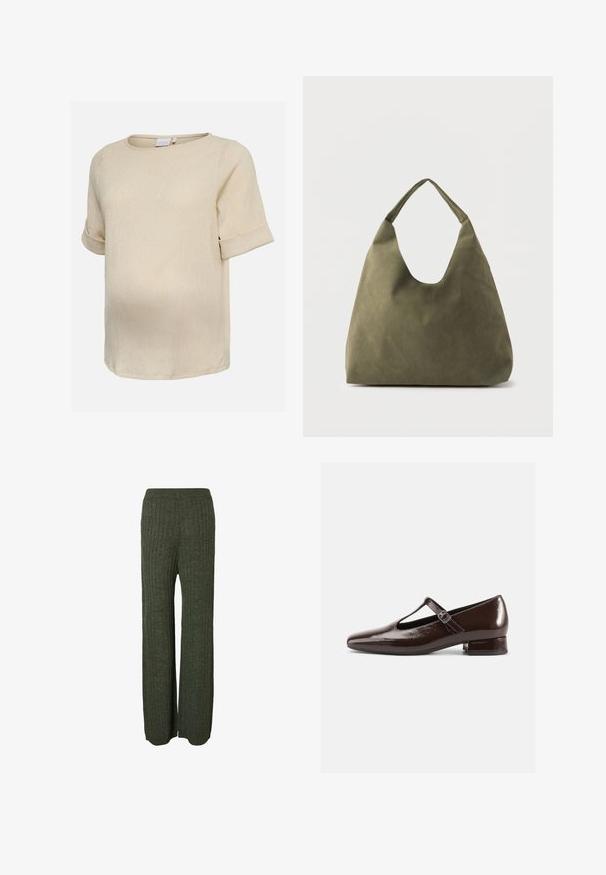 Beige textuurige blouse met korte mouwen, ronde halslijn en omgeslagen mouwen, weergegeven op een witte achtergrond.; Groene geribbelde gebreide broek met een wijd uitgesneden ontwerp, voorzien van verticale textuur en een comfortabele elastische tailleband.; Bruine lakleren Mary Jane-schoenen met een afgeronde neus, een uitgesneden ontwerp en een verstelbare riem. Lage blokhak.; Schoudertas van zacht leer in olijfgroen met een brede, enkele band en een ontspannen, ongestructureerde vorm op een lichte achtergrond.